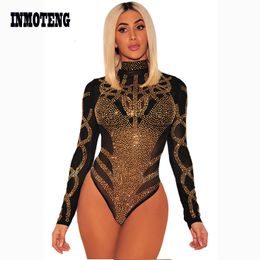 Women's Jumpsuits Rompers Sexy Romper Bodycon Clubwear Black Gold Faux Bustier Mesh Turtleneck Long Sleeves Skinny Bodysuit Autumn 230826