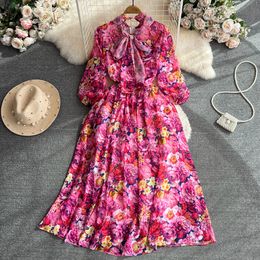 Basic Casual Dresses Sweet Style Long-sleeve Bow Lace Up Contrast Color Print High Waist A-line Women's Dress Autumn New Dresses 2024