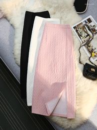 Skirts QOERLIN Pink Skirt 2023 Spring High Waist Mid-length Slim Slit One Step Female Back Zipper With Liner