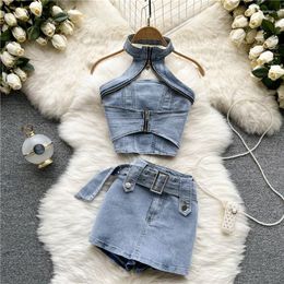 Women's Two Piece Pants Sexy Women Summer Denim Jeans Halter Tops Mini Skirt Outfits Suits Backless Sashes Chic Style Bodycon High Waist