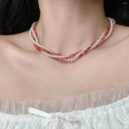 Choker Fashion Charm Orange Natural Stone&Glass Pearl Multilayer Necklace