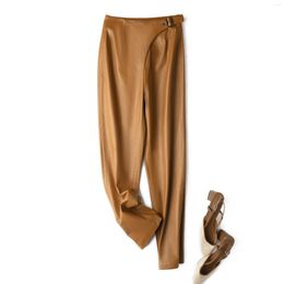 Women's Pants 2023 Women Asymmetric Design Side Buckle Casual Full Panel Genuine Leather E33