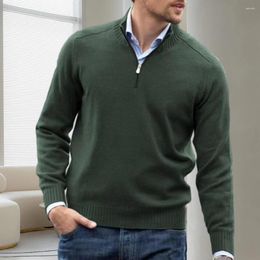 Men's Sweaters Men Fall Winter Sweater Solid Colour Zipper Half-high Collar Knitted Top Long Sleeve Elastic Mid Length Pullover