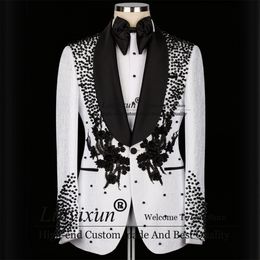 Men's Suits Blazers Luxury Beaded White Wedding Suits For Men ed Lapel Groom Tuxedos Appliques Slim Fit 2 Pieces Sets Male Prom Party Blazers 230826