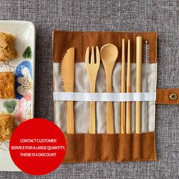 Dinnerware Sets 2023 Autumn Bamboo Knife Fork Spoon Travel Set Portable Tableware Chopsticks Straw Drawstring Cloth Bag