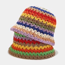 BeanieSkull Caps Woman Crochet Handmade Woollen Striped Rainbow Knitted Bucket Hat Cap 230826