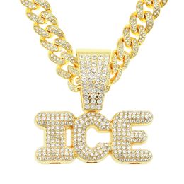 Hip Hop Rapper Men shiny diamond pendant gold necklace Iced out ICE letters pendant micro-inset full zircon Jewellery night club punk 50cm Miami Cuban chain 1787