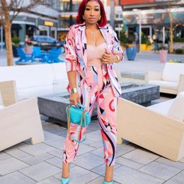 Women's Two Piece Pants 2023 Ladies Fall Fashion Temperament Bohemian British Style Commuter Printed Long Sleeve Suit Jacket Two-Piece Set