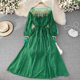 Basic Casual Dresses Summer Diamonds Patchwork O-neck Long-sleeve Shirring Solid Colour High Waist A-line Women's Dress Summer New Dresses 2024