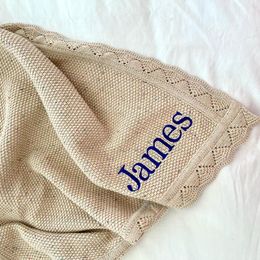 Blankets Personalised Name Knitted Baby Blanket Custom Solid Colour Born Receiving Swaddle Wrap Infant Quilts Cover