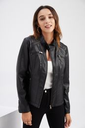 Winter 2023 Autumn Women's Pu Leather Jackets Stand Collar Zip Spliced Rivet Woman's Faux Fur Short Slim Coats NXHP006 garment