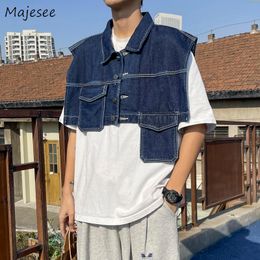 Men's Vests Denim Men Teens Cargo Irregular High Street American Retro Spliced Personal Cropped Clothing Allmatch Unisex Hipster Cool 230826