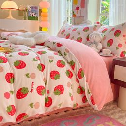 Conjuntos de cama bonito veludo outono inverno quente rosa conjunto dupla face pelúcia kawaii engrossado flanela colcha capa fronha 4 pcs