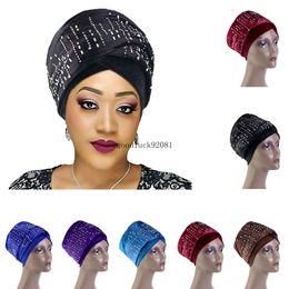 New Plain Velvet Hijab Turban Cap Muslim Long Tailed Headscarf Hat Islamic Under Scarf Diamonds Bonnet African Wrap Head Scarves