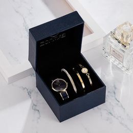 Wristwatches 4Pcs Black Watches Women Luxury Top Brand Business Watch Clock Blue Simple Bangle Gift Box Sets Relogio Feminino