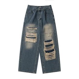 Men's Jeans Y2K Baggy High Streetretro hole repair jeans mens and womens American style high street loose straight wide leg mopping trousers 230827