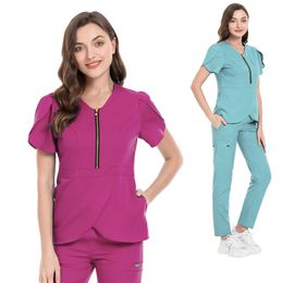 Women's Two Piece Pants Wholesales Women Wear Stylish Scrub Sets Hospital Work Suits Tops Pant Solid Colour Unisex Operating Uniform Nurses Accessories 230826