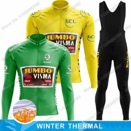 Cycling Jersey Sets Winter Jumbo Visma Cycling Jersey Set France TDF Men Cycling Clothing Green Yellow Road Bike Thermal Jacket Suit MTB Pants 230826