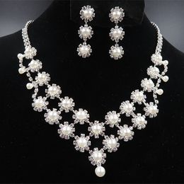 Romantic Pearl With Crystal Cheap Two Pieces Earrings Necklace Rhinestone Wedding Bridal Sets Jewellery Set