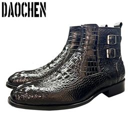 Boots Luxury Men Ankle Shoes Black Brown Printed Zipper Chelsea Double Buckle Genuine Leather Dress Men's 230826