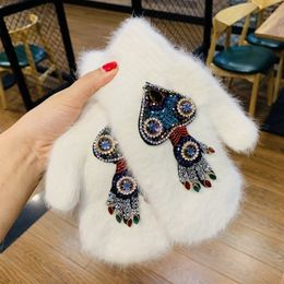 Fingerless Gloves Women Gloves Winter Crystal Octopus Rabbit Fur female double Warm Full Finger Mittens Christmas Gifts 230826