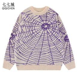 Men's Sweaters Mens Spider Web Knitted Sweaters Unisex Street Harajuku Wool Jumper Unisex Y2k Hip Hop Retro Casual College Pullover Autumn 230827