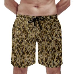 Men's Shorts Tiger Skin Gym Summer Black Gold Stripes Print Sportswear Beach Fast Dry Vintage Custom Plus Size Swimming Trunks