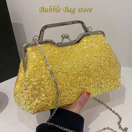 Evening Bags Brand Designer Small Tote Shell Clip Crossbody Bags Women Sequin Bling Mental Handle Handbags Chain Shoulder Bags 230826