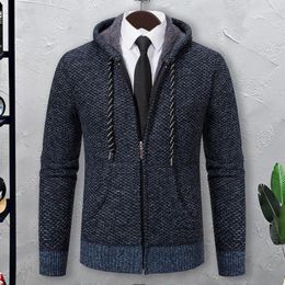 Men's Sweaters Men Hooded Jacket Knit Sweater Cosy Cardigans With Plush Lining Zipper Placket Pockets For Casual Autumn Winter