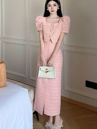 Two Piece Dress Korea High Quality French Small Fragrance Tweed Two Piece Sets Women Outfits Vintage Jacket Coat Long Skirt 2 Piece Suits 230827