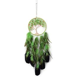 Green Tree of Life Dream Catcher Wall Decor with Healing Crystal Stone Handmade Feather Dream Catchers Decoration 1224589