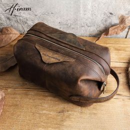 Waist Bags Luxury Brand Cosmetic Bag Men Crazy Horse Leather Large capacity Toiletry Travel Portable Storage Wash Organiser Makeup 230826