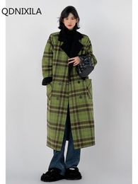 Women's Wool Blends Women's Winter Coats Green Plaid Double Wear Woollen Coat Vintage Mid Length Coat Over Knee Long Sleeve Loose Windbreaker 230827