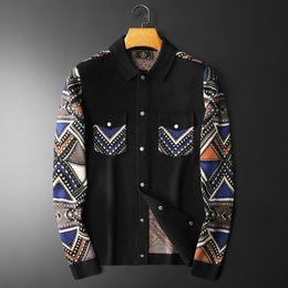Men's Sweaters Ethnic Retro Geometric Contrast Color Stitching Knitted Jacket Lapel Vintage Bomber Men Fall Streetwear Club Outfit 230826
