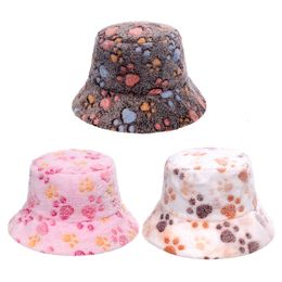 Wide Brim Hats Bucket Hats Cute Paw Print Fisherman Hat Faux Rabbit Fur Plush Hat Outdoor Trend Fisherman Casual Winter Warm Fluffy Bucket Hat 230826