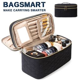 Cosmetic Bags Cases BAGSMART Travel Cosmetic Case Double Layer Makeup Organizer Bag with Adjustable Dividers Water-resistant Leather Cosmetic Case 230826