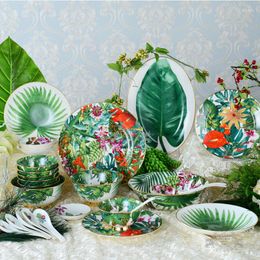 Dinnerware Sets European Style 28 Head Bone Porcelain Tableware Tropical Rainforest Glaze In Colour Ceramic Plates Bowls Spoons