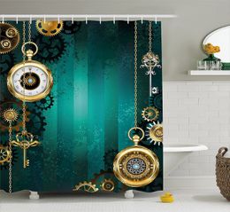 Shower Curtains Industrial Shower Curtain Antique Items Watches Keys and Chains with Steampunk Influences Illustration Fabric Bathroom Decor 230826