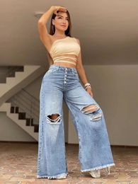 Women's Jeans High Waisted Retro Loose Fitting Wide Leg Pants With Holes Light Washed Fashion Jean's Clothing Denim Raw Edge 230826