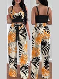 Women's Two Piece Pants 2023 Summer Tropical Print Shirred Crop Top & High Waist SetOf Fashion Casual Pieces For Women