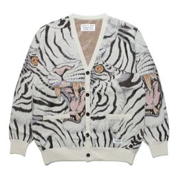 Men's Sweaters 23FW Top Quality Full Tiger Jacquard V-Neck WACKO MARIA Cardigan Men Women 1 1 Tags Oversized Blue White Khaki Sweater Coat 230826