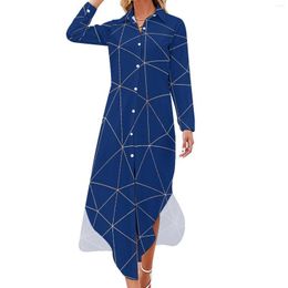 Casual Dresses Geo Print Dress Blue Lines Aesthetic Long Sleeve Cute Women V Neck Design Oversized Chiffon