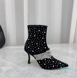 Top quality Crystal Rhinestones Ankle Boots Pointed toe Stiletto heels designer Leather sole Booties Dress Evening shoes factory footwear Size 34-4