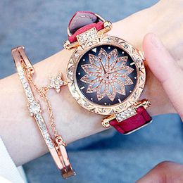 Wristwatches Ladies Watches 2023 Women Quartz Bracelet Set Starry Sky Leather Band Bangles For Clock