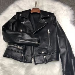 Motorcycle Jackets Street Women Real Sheep Skin Leather Jacket black Genuine Leather zipper V-neck coats