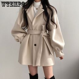 Women's Wool Blends Mid Length Topcoat Blazer Collar Woolen Coat Women Belted Winter Jacket Niche Vintage Loose Fashion Overcoat Solid Trench Coats 230827