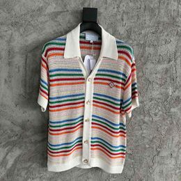 Men's Sweaters Casablanca Jacquard Sweater Rainbow Stripe Men Women 1 Top Quality Short Sleeve Cardigan Embroidery Sweatshirts 230826