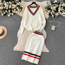 Two Piece Dress Autumn Winter England Knitted Twist Two Piece Set Women Preppy Style V Neck Loose Pulover Sweater + Midi Striped Skirt Outfits 2024