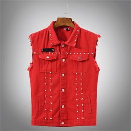 Men's Vests Idopy Fashion Red Mens Rivet Denim Vest Punk Party Studded Slim Fit Jean Jacket Male Sleeveless Waistcoat For Men Plus Size 230826