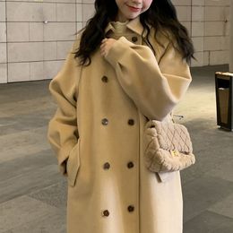 Women's Wool Blends Autumn Winter Double Breasted Woollen Long Coat Women Korean Style Long Sleeve Warm Coats Woman Lapel Solid Colour Loose Jacket 230827